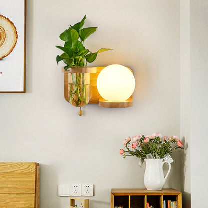 Modern Minimalist Rectangular Cylinder Orb Glass Wood 1-Light Wall Sconce Lamp For Living Room