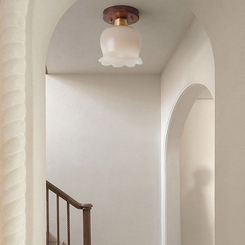 Modern Minimalist Bellflower Walnut Resin 1-Light Semi-Flush Mount Ceiling Light