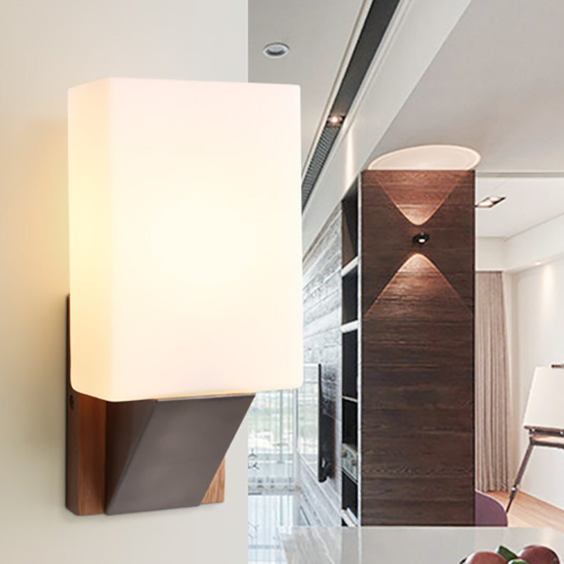 Modern Minimalist Rectangle Wood Glass 1-Light Wall Sconce Lamp For Bedroom