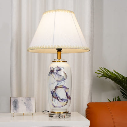 Modern Chinese Ink Ceramic Column Pleated Fabric 1-Light Table Lamp