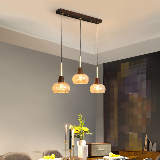 Contemporary Retro Wooden Frame Glass Cup Shade 1/3-Light Island Light Chandelier For Living Room