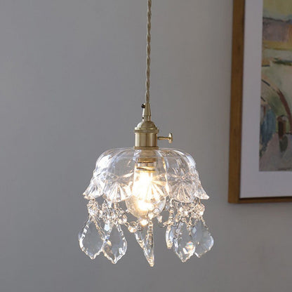 Modern Art Deco Brass Frame Crystal Round Glass Shade 1-Light Pendant Light For Living Room