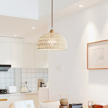 Contemporary Boho Wood Rattan Weaving Dome 1-Light Pendant Light For Dining Room