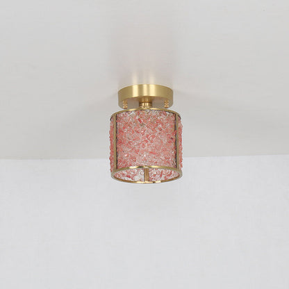 European Light Luxury Pink Crystal Cylinder Copper 1-Light Semi-Flush Mount Ceiling Light