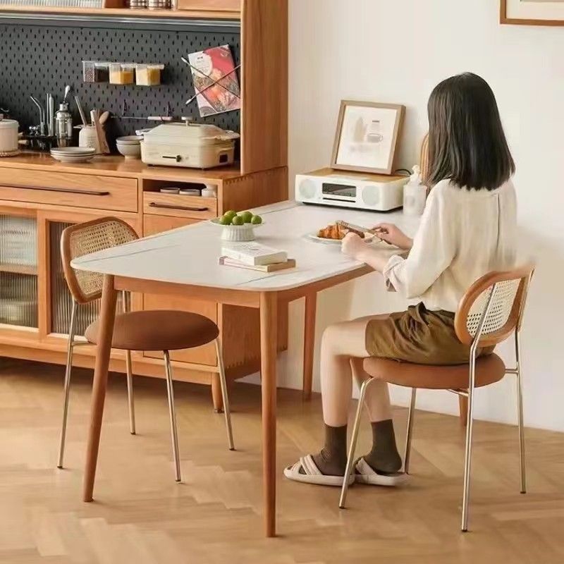 Contemporary Vintage Round Rectangular Solid Wood Metal Genuine Leather Dining Chair Backrest For Dining Room