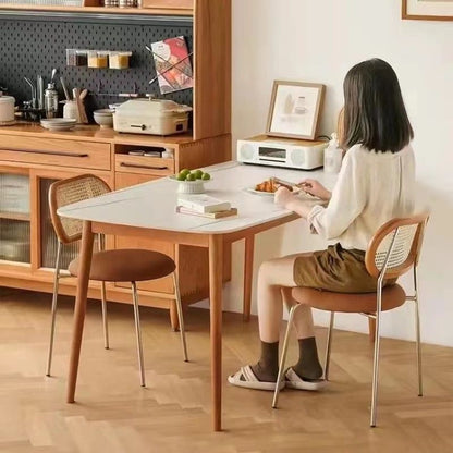 Contemporary Vintage Round Rectangular Solid Wood Metal Genuine Leather Dining Chair Backrest For Dining Room