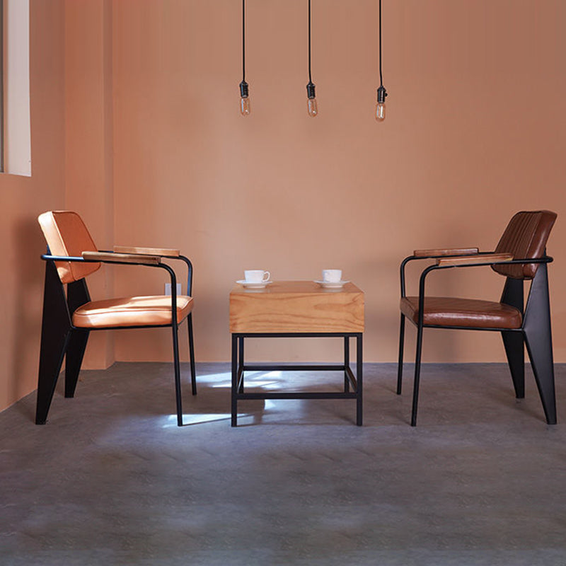 Contemporary Industrial Oil wax Leather Metal Sponge Wood Square Vertical Stripe Dining Chair Backrest Armrest For Dining Room