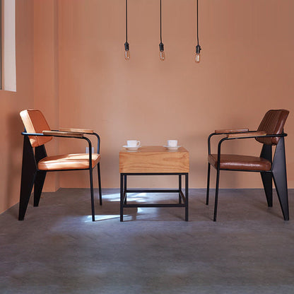 Contemporary Industrial Oil wax Leather Metal Sponge Wood Square Vertical Stripe Dining Chair Backrest Armrest For Dining Room