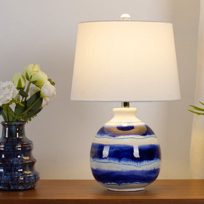 European Vintage White Cone Fabric Blue Ceramic 1-Light Table Lamp