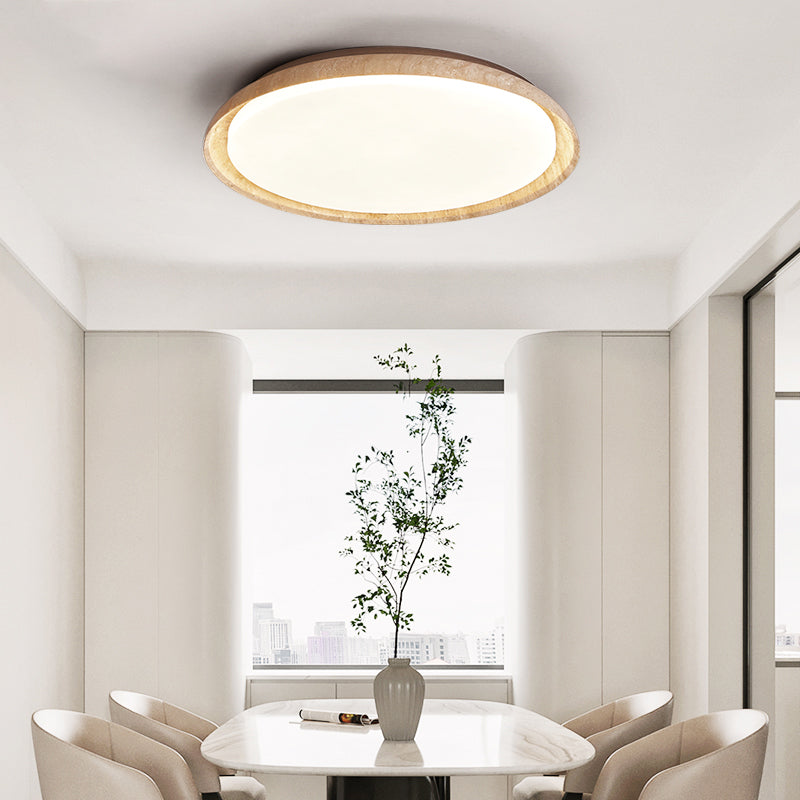 Traditional Japanese Round Disc Style Travertine Solid Wood Acrylic LED Flush Mount Ceiling Light For Bedroom