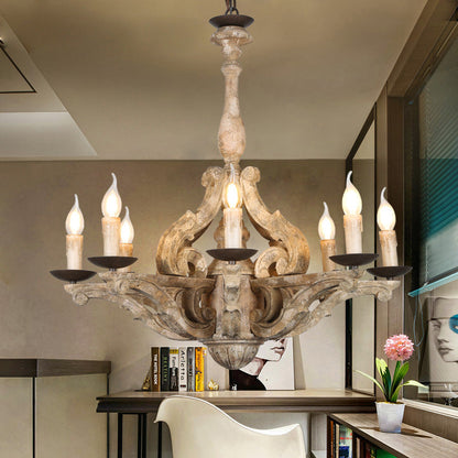 European Rustic Vintage Solid Wood 8-Light Chandelier