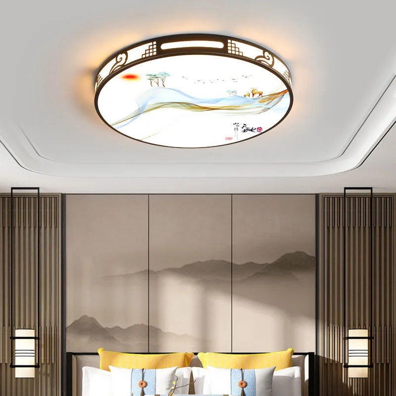 Traditional Chinese Iron Acrylic Round Square Rectangular Landscape Painting LED Flush Mount Ceiling Light For Living Room
