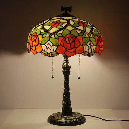Traditional Tiffany Rose Dragonfly Stained Glass Dome 2-Light Table Lamp For Study