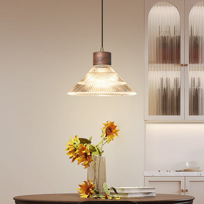Traditional Chinese Iron Walnut Glass Conic Umbrella-Shaped 1-Light Pendant Light For Dining Room