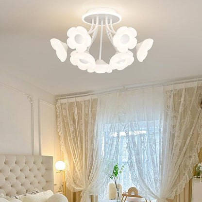 Contemporary Creative Flower PE Shade Iron Frame LED Semi-Flush Mount Ceiling Light For Bedroom