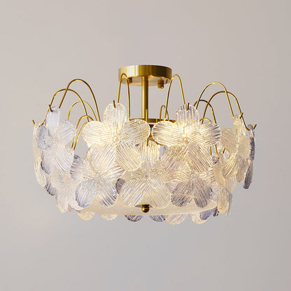 Traditional French Iron Glass Round Flower 5/6 Light Semi-Flush Mount Ceiling Light For Living Room