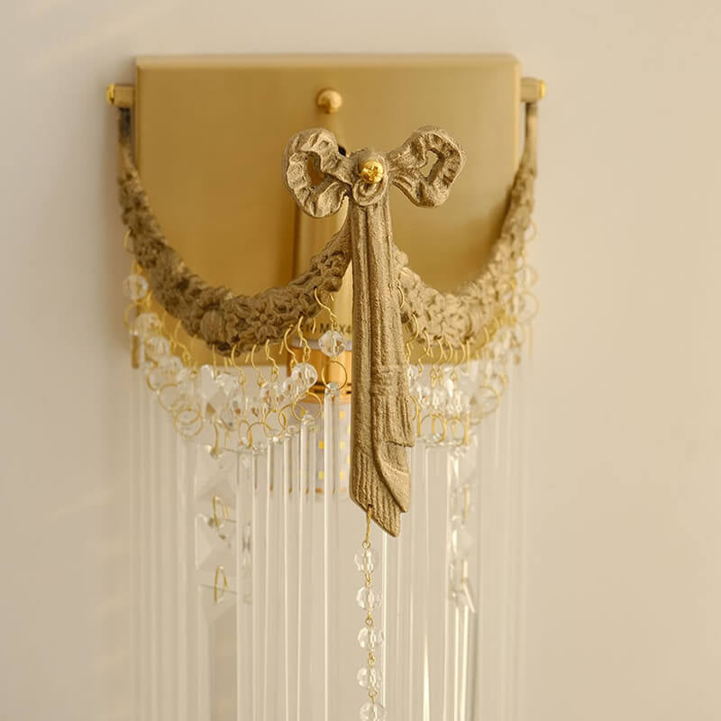 Vintage French Brass Crystal Square Bow Tie Design 1-Light Wall Sconce Lamp