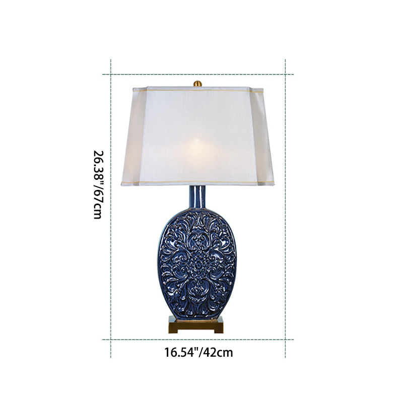 Traditional Chinese Oval Ceramic Fabric Lampshade Copper Base 1-Light Table Lamp For Living Room