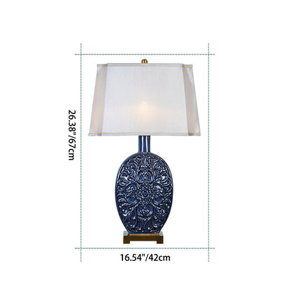 Traditional Chinese Oval Ceramic Fabric Lampshade Copper Base 1-Light Table Lamp For Living Room
