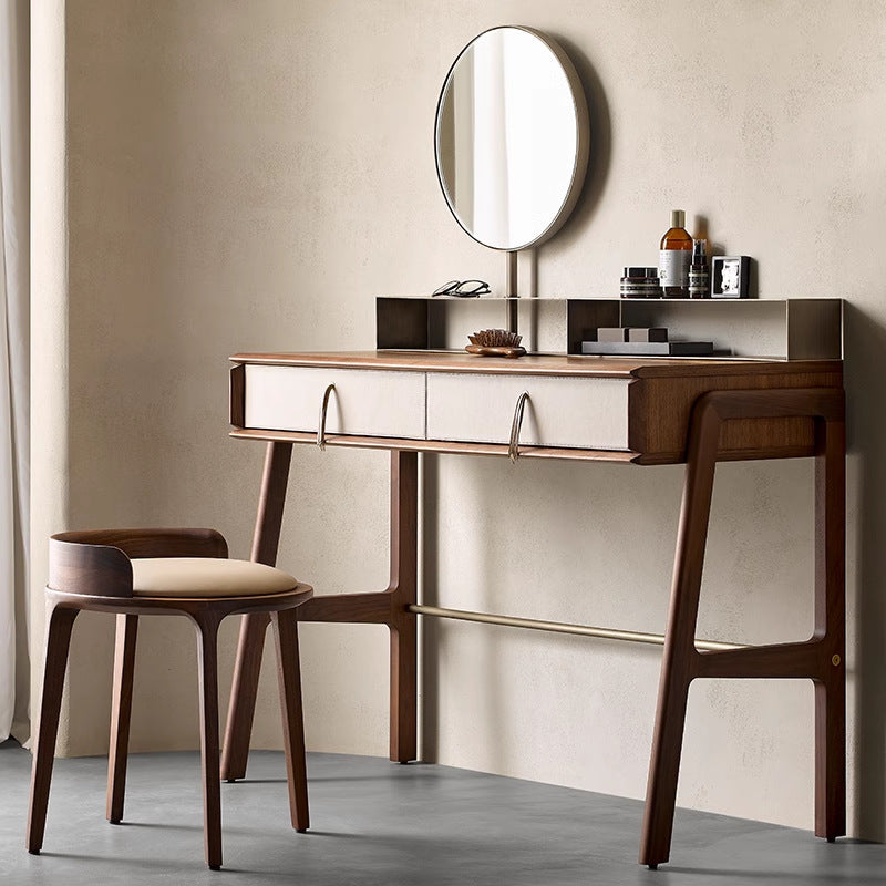 Traditional Vintage Round PU Leather Upholstered Wood Frame Vanity Stool Backless For Bedroom