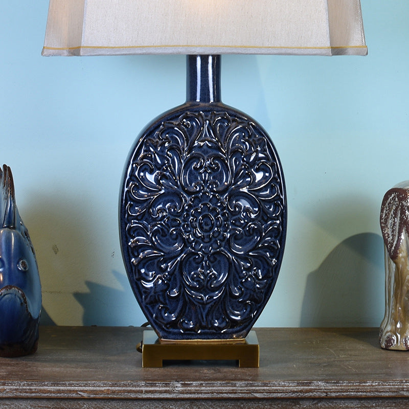 Traditional Chinese Oval Ceramic Fabric Lampshade Copper Base 1-Light Table Lamp For Living Room