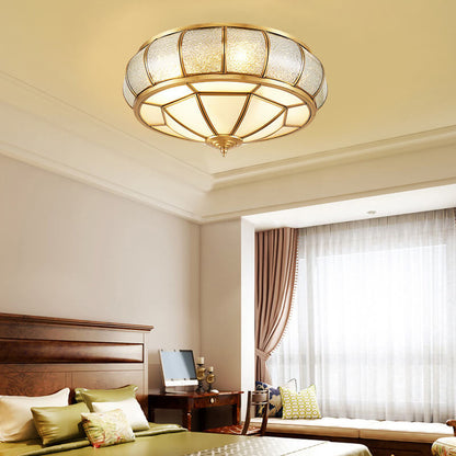 European Style Luxury Brass Glass Drum Cage 3/4/6 Light Flush Mount Ceiling Light