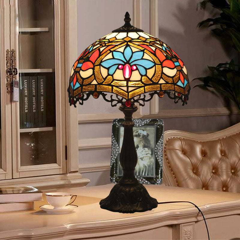 Traditional Tiffany Resin Zinc Alloy Glass Dome Bead 1-Light Table Lamp For Bedside