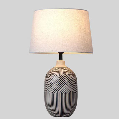 Traditional Japanese Striped Vase Base Ceramic Fabric 1-Light Table Lamp For Bedroom