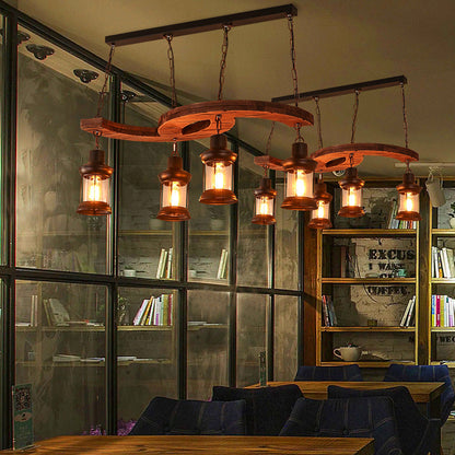 Traditional Japanese Wood Double Moon Design Iron Glass Bottle Shade 4-Light Island Light Chandelier For Dining Room