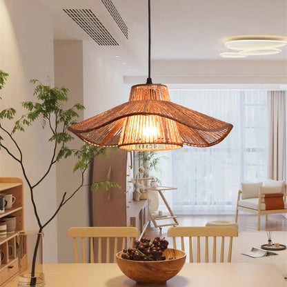 Traditional Vintage Weaving Iron Paper Rope Hat Cylinder 1-Light Pendant Light For Dining Room