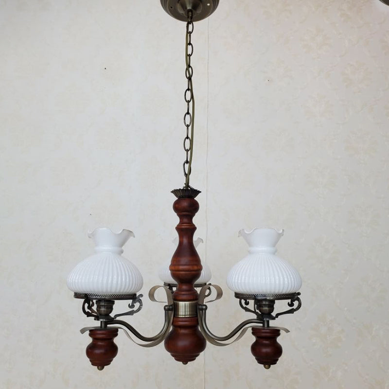 Traditional Rustic Candelabra Round Flower Iron Solid Wood 3-Light Chandelier For Living Room