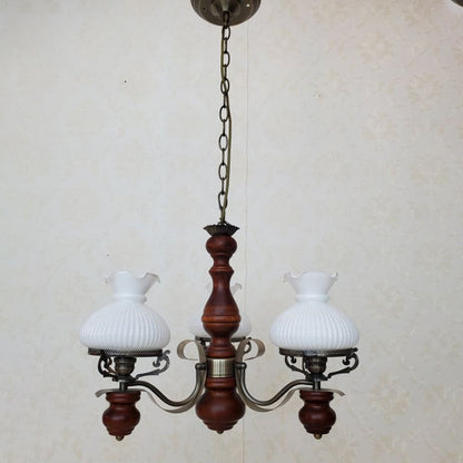Traditional Rustic Candelabra Round Flower Iron Solid Wood 3-Light Chandelier For Living Room
