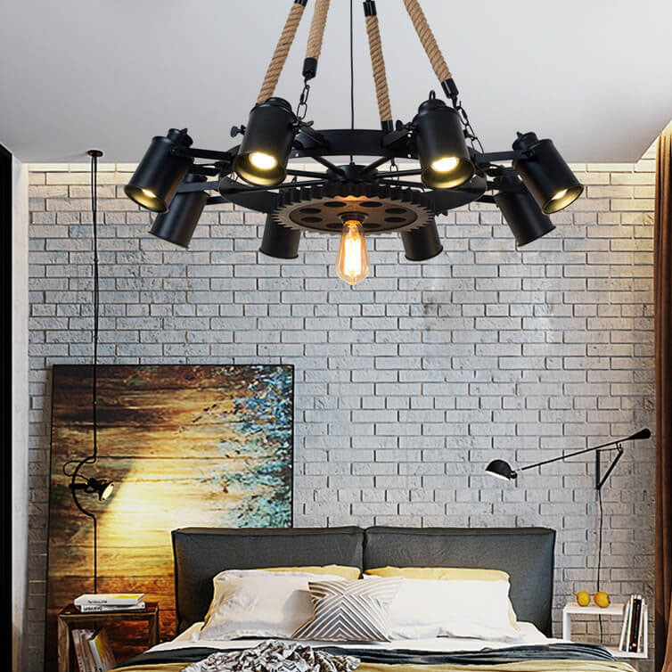 Industrial Retro Gear Wrought Ion Hemp Rope 6/8/10-Light Chandelier