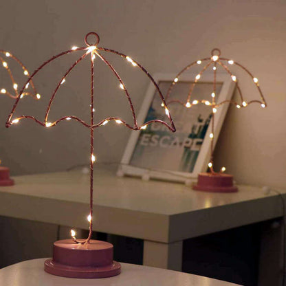 Creative Umbrella Pink Iron LED Decorative Battery USB Night Light Table Lamp