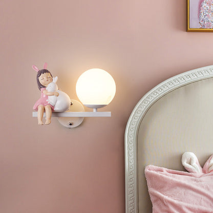 Contemporary Creative Kids Girls Unicorn Orb Resin Iron Glass 1-Light Wall Sconce Lamp For Bedroom