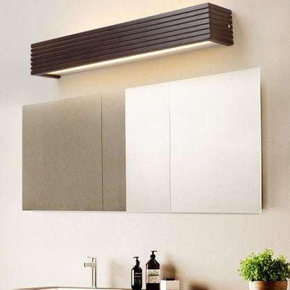 Traditional Chinese Striped Wood Cuboid LED Vanity Mirror Front Wall Sconce Lamp For Bathroom