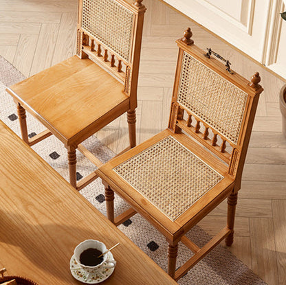 Traditional Vintage Square Wood Rattan Chair Backrest Armless For Dining Room