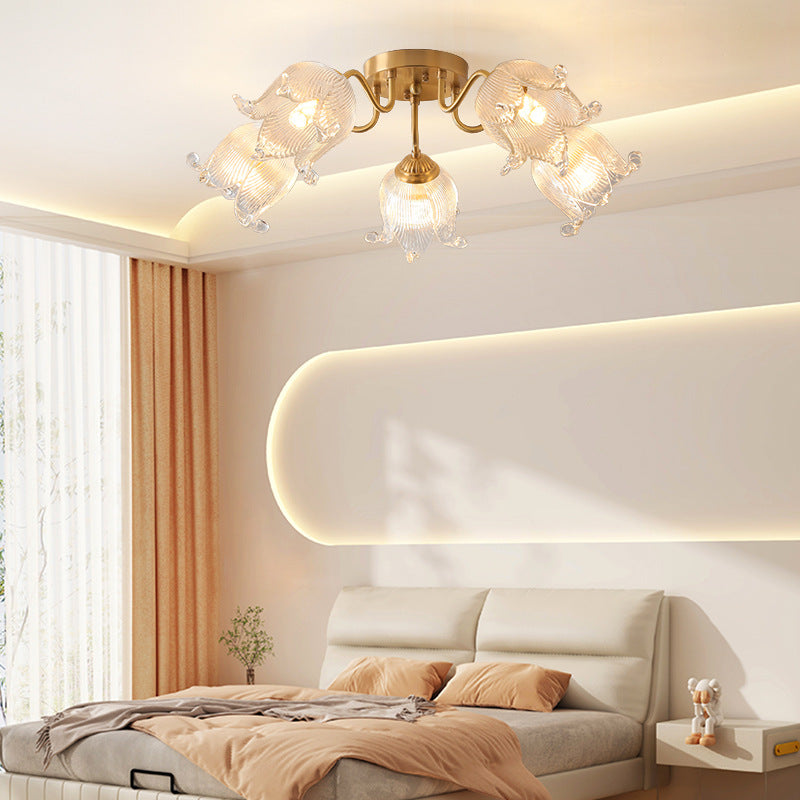 Traditional European Copper Glass Flower 5/12/15 Light Semi-Flush Mount Ceiling Light For Living Room