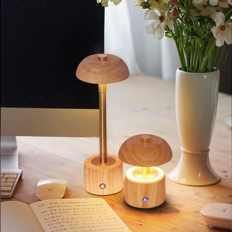 Contemporary Nordic Creative Solid Wood Mushroom LED Table Lamp For Bedroom