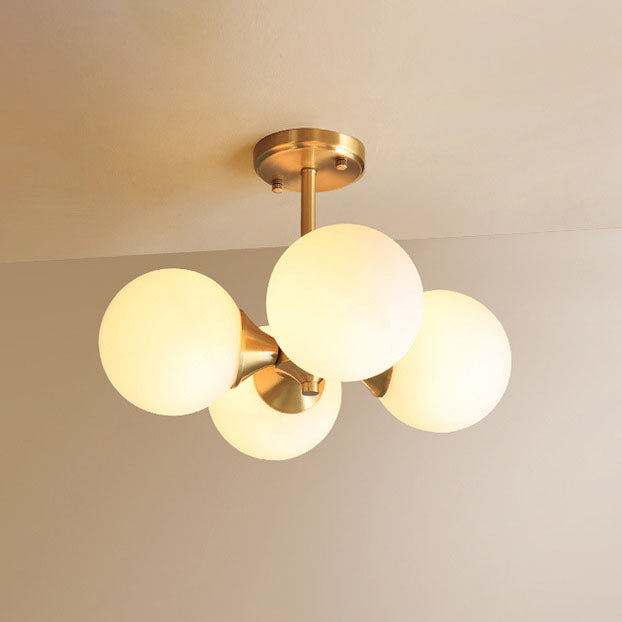 European Vintage Minimal Round Ball All Brass Glass 4-Light Semi-Flush Mount Light