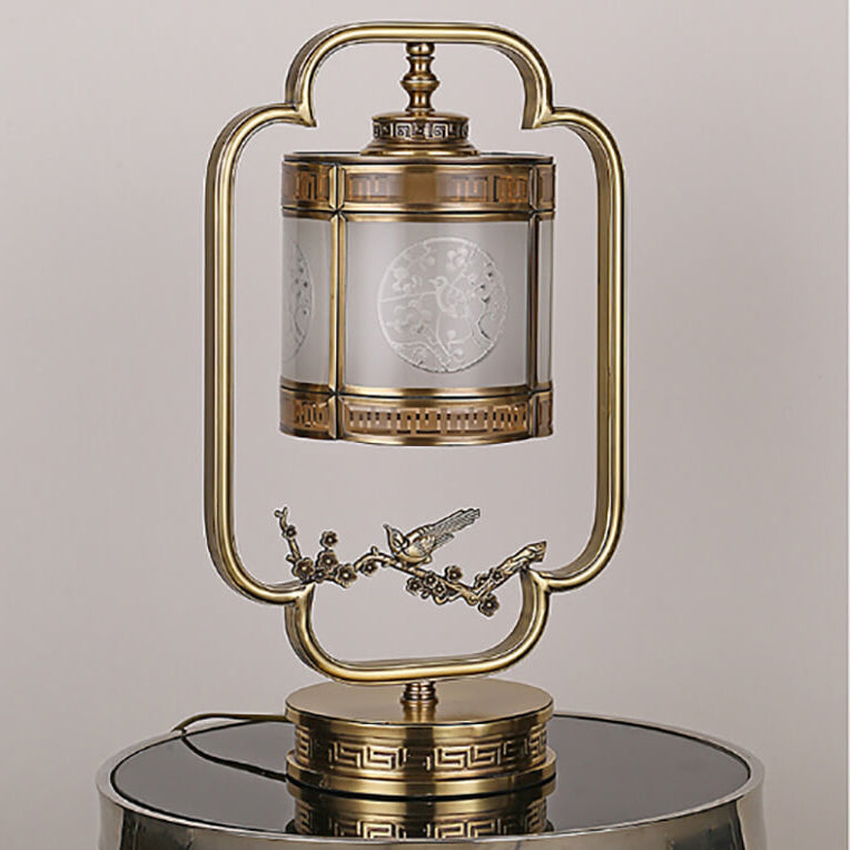 Chinese Glass Full Copper Carved 1-Light Table Lamp