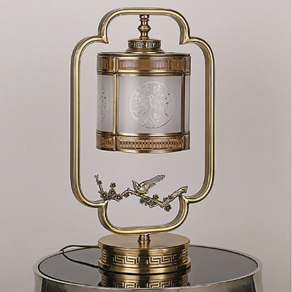 Chinese Glass Full Copper Carved 1-Light Table Lamp
