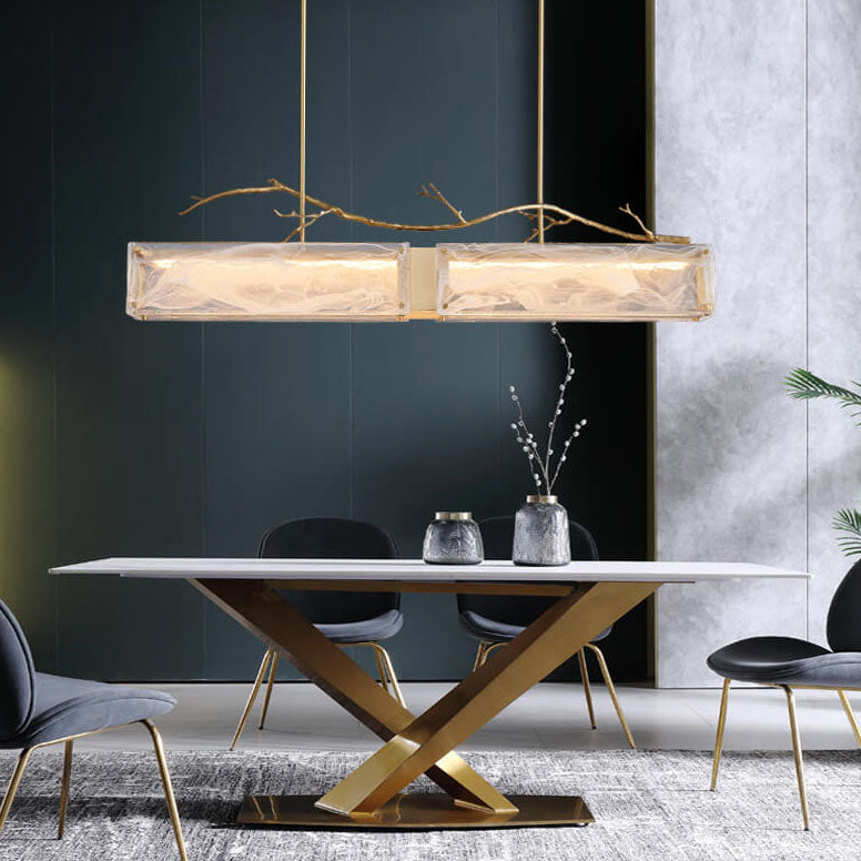 ثريا جزيرة LED زجاجية مستطيلة فاخرة من Nordic Light مصنوعة من النحاس بالكامل 