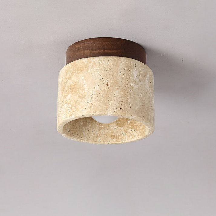 Traditional Vintage Round Travertine 1-Light Flush Mount Ceiling Light For Hallway
