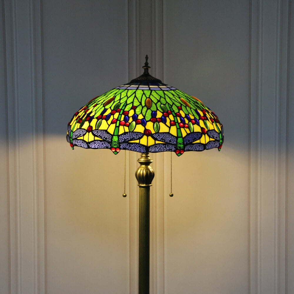 Tiffany Vintage Dragonfly Stained Glass Resin Dome 2-Light Standing Floor Lamp