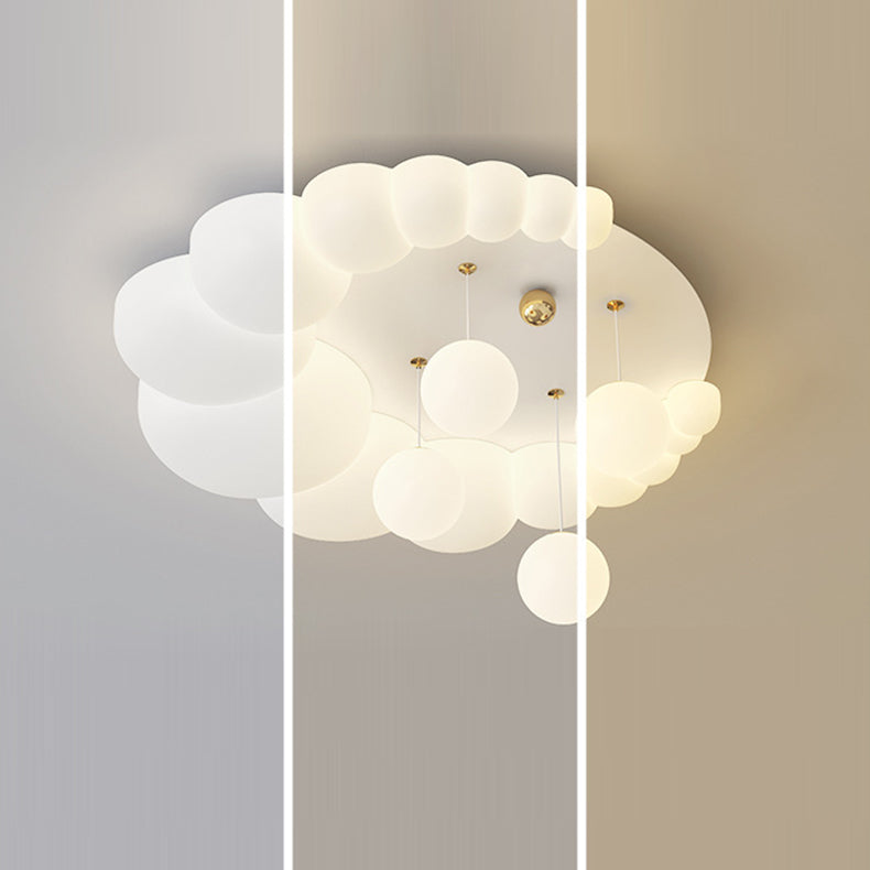 Modern Art Deco Oval Cream Bubble Flower Moon PE Iron LED Flush Mount Ceiling Light For Living Room