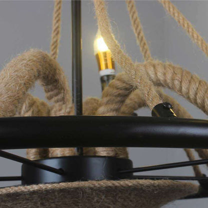 Traditional Rustic Hemp Rope Weaving Iron Cage 6/8-Light Chandelier For Dining Room