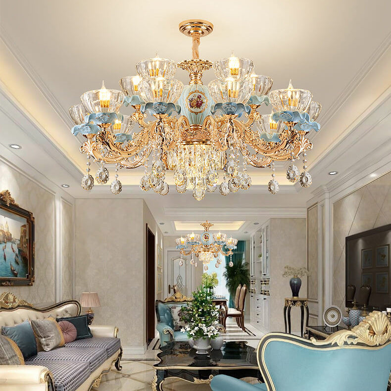 Traditional European Flower Candelabra Zinc Alloy Crystal Glass Ceramic 6/8/10/12 Light Chandelier For Living Room