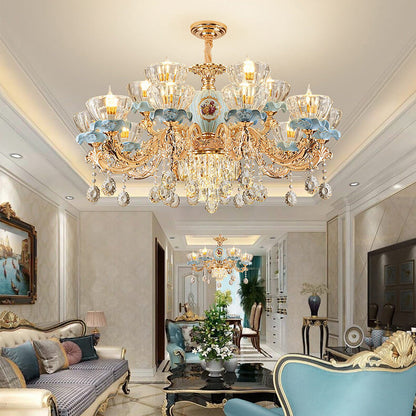 Traditional European Flower Candelabra Zinc Alloy Crystal Glass Ceramic 6/8/10/12 Light Chandelier For Living Room