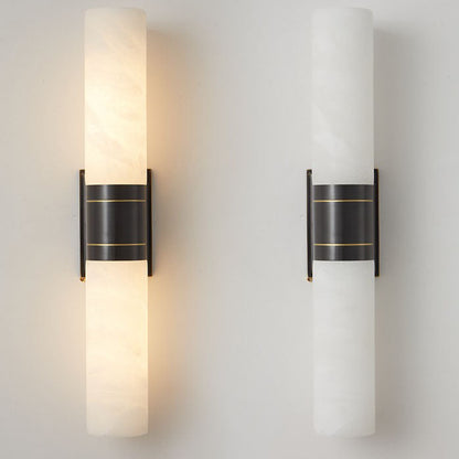Traditional Chinese Full Copper Marble Cylinder Shade 2-Light Wall Sconce Lamp For Living Room
